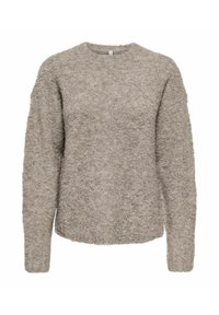 Pull doux à manches longues et col rond en gris clair avec un tissu en tricot moelleux et texturé.