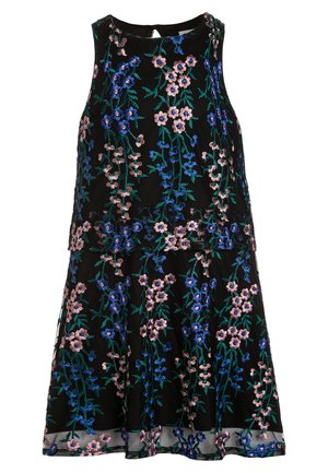 Vestido negro sin mangas con bordado floral colorido en rosa y azul, con un diseño de capas y borde transparente en el dobladillo.