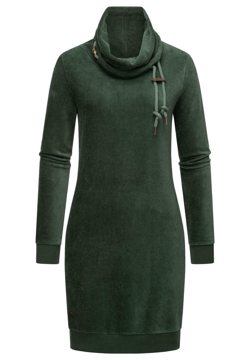 Grünes Kleid mit Cowl-Neck aus weichem, strukturiertem Stoff. Verfügt über lange Ärmel, gerippte Bündchen und verstellbare Bänder mit metallischen Details.