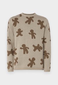 Beige sweater with brown abstract human figures pattern, round neckline, long sleeves, and ribbed hem. Made of knit fabric.