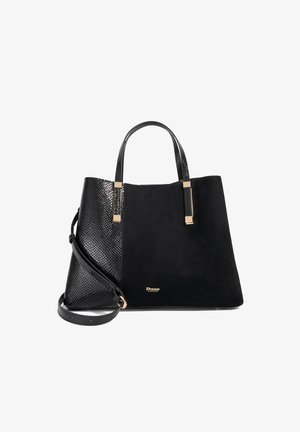 Sac fourre-tout noir en mélange de cuir texturé et de daim lisse. Accentué de quincaillerie dorée, il possède des poignées doubles et une bandoulière amovible.