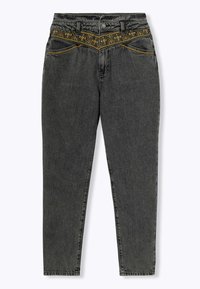 Jean noir taille haute à jambes fuselées, avec un biais géométrique jaune brodé sur les poches avant et la ceinture.