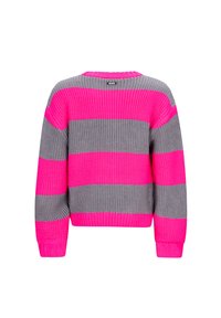Maglione a righe grigie e rosa fucsia, forma boxy, orlo e polsini a costine, scollatura a girocollo, tessuto testurizzato. Etichetta al centro del retro.