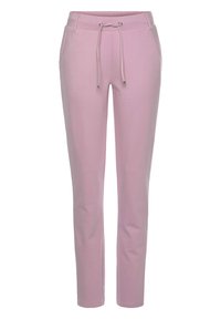 Lichtroze, taps toelopende broek van zachte stof, met een elastische tailleband met een trekkoord en twee zijzakken voor functionaliteit.