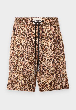 Leopard-print shorts featuring an elastic waistband, black drawstring, and a lightweight, smooth fabric. Front brand label visible.