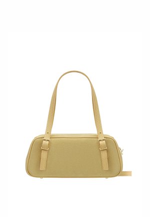 Gelbe Handtasche aus Kunstleder mit kurzen Trägern, rechteckiger Form, strukturierter Oberfläche, goldfarbenen Metallakzenten und Reißverschluss.