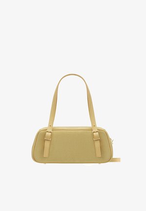 Gelbe Handtasche aus Kunstleder mit kurzen Trägern, rechteckiger Form, strukturierter Oberfläche, goldfarbenen Metallakzenten und Reißverschluss.