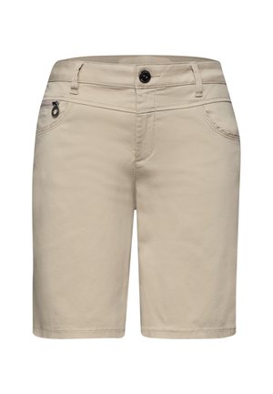 Beżowe spodenki do kolan z zapięciem na guziki, szlufkami na pasek, przednimi kieszeniami oraz małą kieszenią na zamek po prawej stronie.