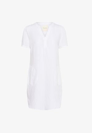 Hvid kjole med korte ærmer i letvægtsstof, med V-hals, to sidelommer og en afslappet pasform. Glat tekstur, minimalistisk design.