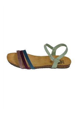 Strappy sandal with green ankle strap and four color-blocked suede bands in purple, blue, burgundy, and brown on a cork sole.