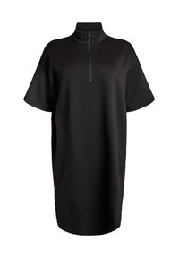 Vestito nero con zip, colletto alto, maniche corte e vestibilità ampia. Tessuto morbido con una texture liscia e dettagli minimi.
