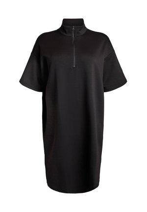 Zwarte ritsjurk met een hoge kraag, korte mouwen en een losse pasvorm. Zachte stof met een gladde textuur en minimale details.
