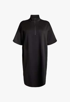 Vestito nero con zip, colletto alto, maniche corte e vestibilità ampia. Tessuto morbido con una texture liscia e dettagli minimi.