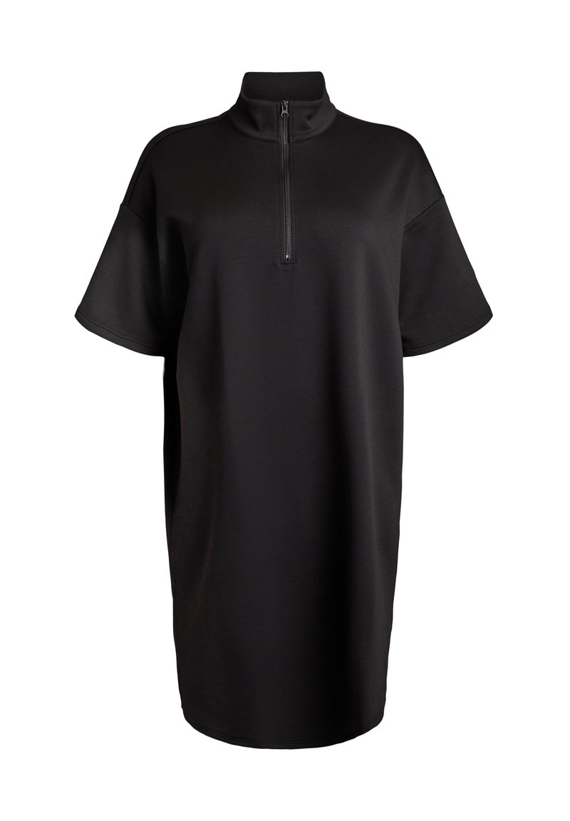 Vestito nero con zip, colletto alto, maniche corte e vestibilità ampia. Tessuto morbido con una texture liscia e dettagli minimi.