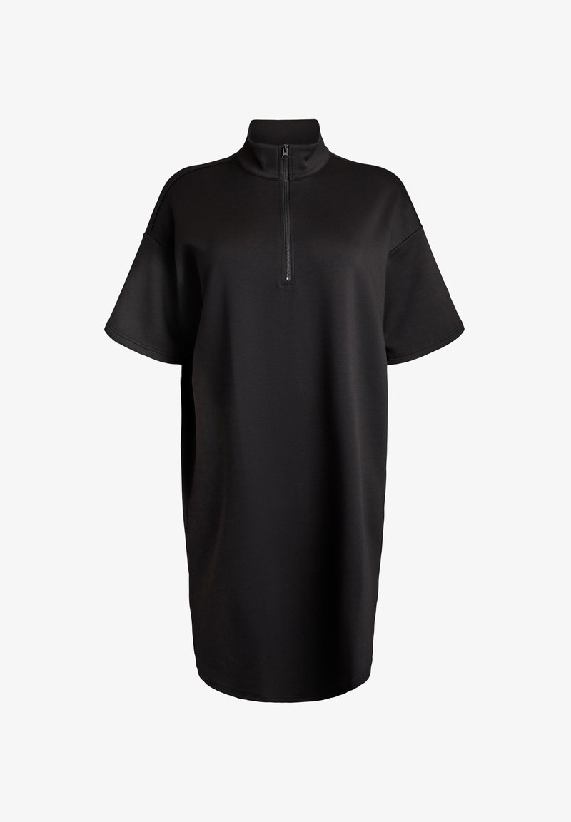 Vestito nero con zip, colletto alto, maniche corte e vestibilità ampia. Tessuto morbido con una texture liscia e dettagli minimi.