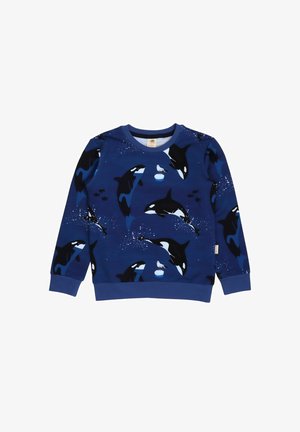Navy blue sweatshirt made of cotton, featuring orca whale and seagull patterns, with a round neck and ribbed cuffs.