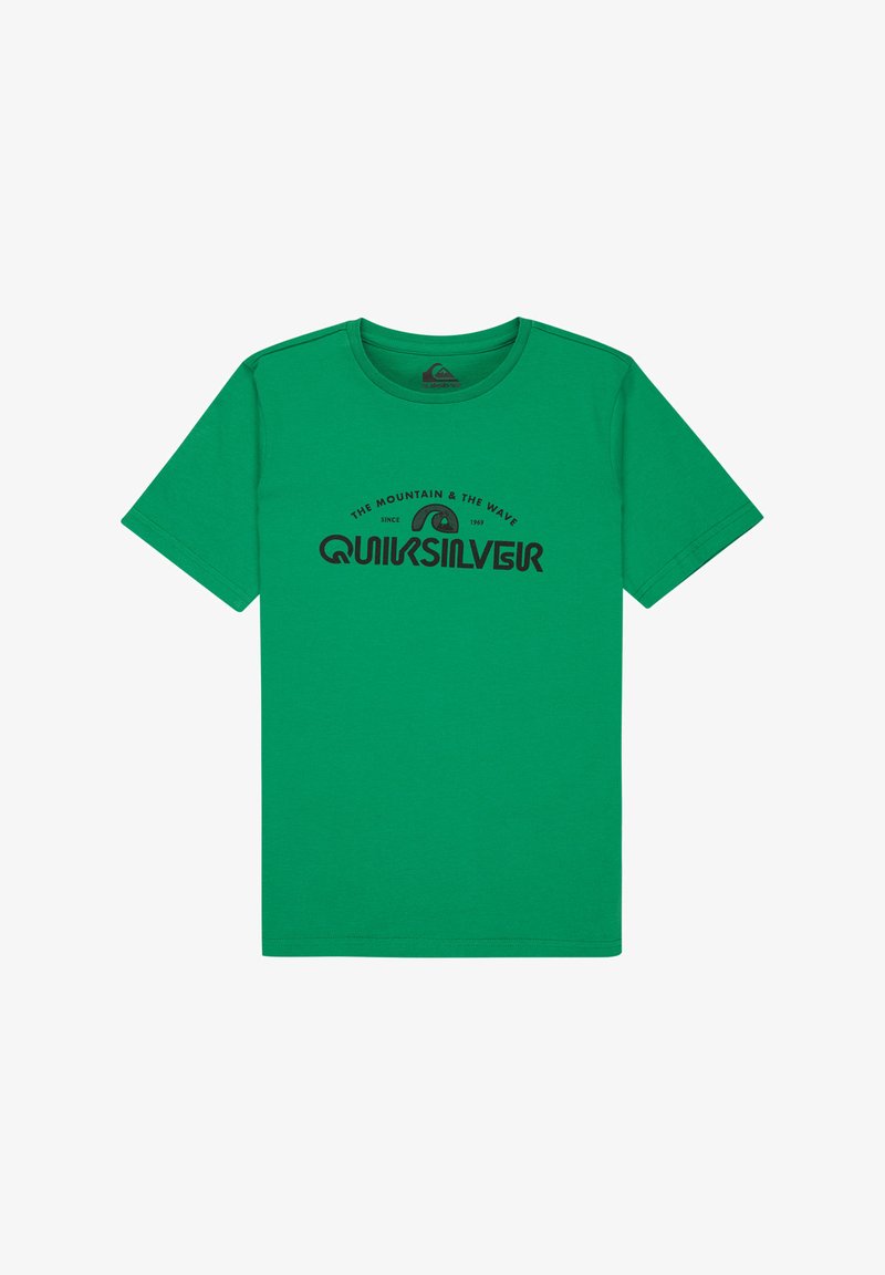 T-shirt vert à manches courtes avec logo Quiksilver noir et texte « The Mountain & The Wave Since 1969 » centré sur l'avant.