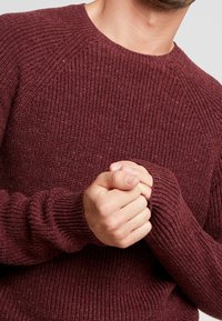 Viininpunainen neulepusero, jossa on resorikuvio, raglan-hihat ja istuvat hihansuut. Kangas näyttää lämpimältä ja paksulta, näkyvillä ompeleilla.