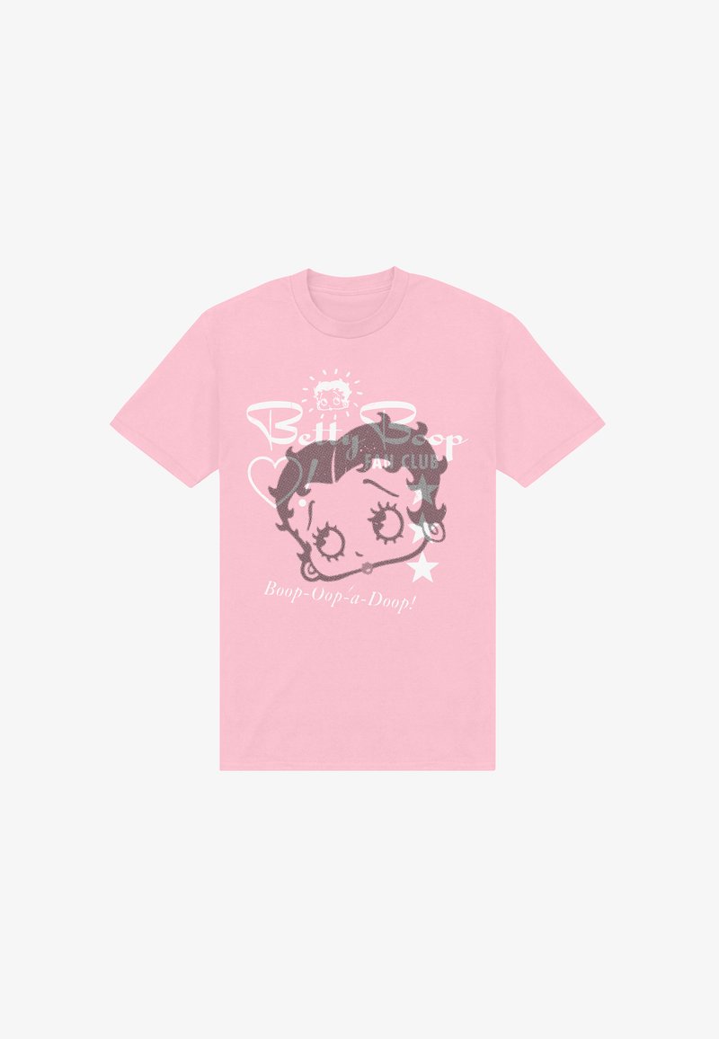 Lyserød bomulds t-shirt med en tegneserieillustration af Betty Boop, med teksten "Boop-Oop-a-Doop!" og stjerne accenter.