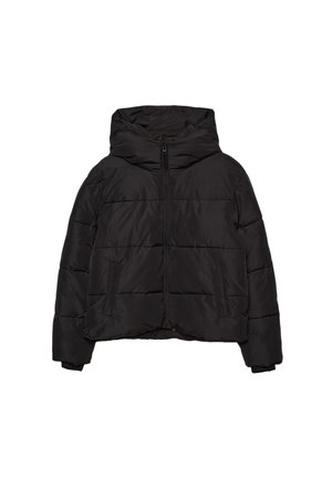 Svart puffjacka med framzipper, två sidofickor, långa ärmar och en stor huva.
