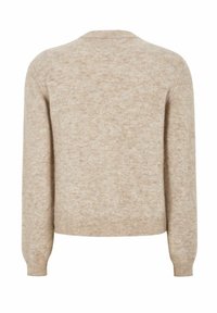 Beżowy sweter z melanzowanej dzianiny, z długimi rękawami, ribbowymi mankietami i dołem, przedstawiony z tyłu na białym tle.