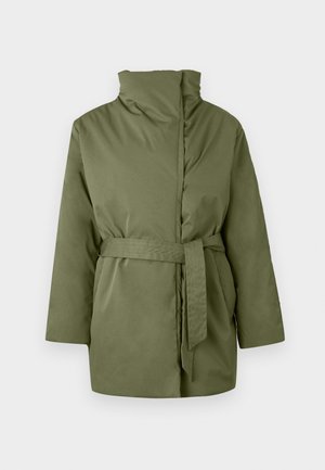 Olive green padded jacket with high collar, long sleeves, and matching fabric belt tied at the waist.