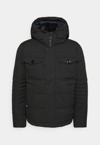 Schwarze gepolsterte Winterjacke mit Kapuze, mit Fell gefüttert, Frontreißverschluss mit Druckknöpfen, zwei Brusttaschen mit Klappen und Knöpfen sowie seitlichen Taschen.