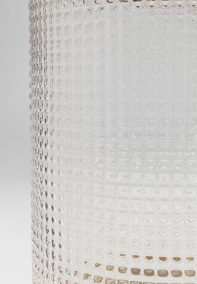 Durchsichtige Glasschüssel mit strukturierter Oberfläche und geometrischem Muster, das von einem glatten oberen Teil zu einer geriffelten Basis übergeht.