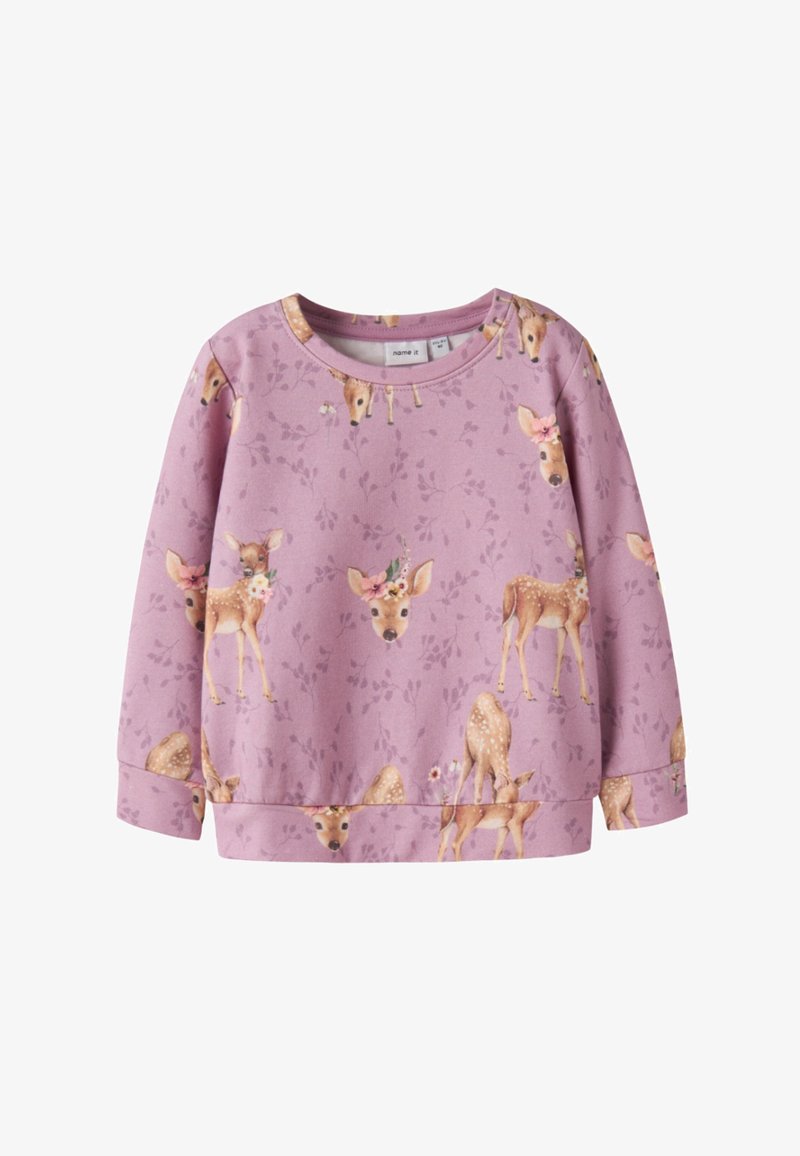 Jasnofioletowa bluza z ilustracjami jeleni. Miękki materiał z okrągłym dekoltem i długimi rękawami. Wzory obejmują liście i kwiaty.