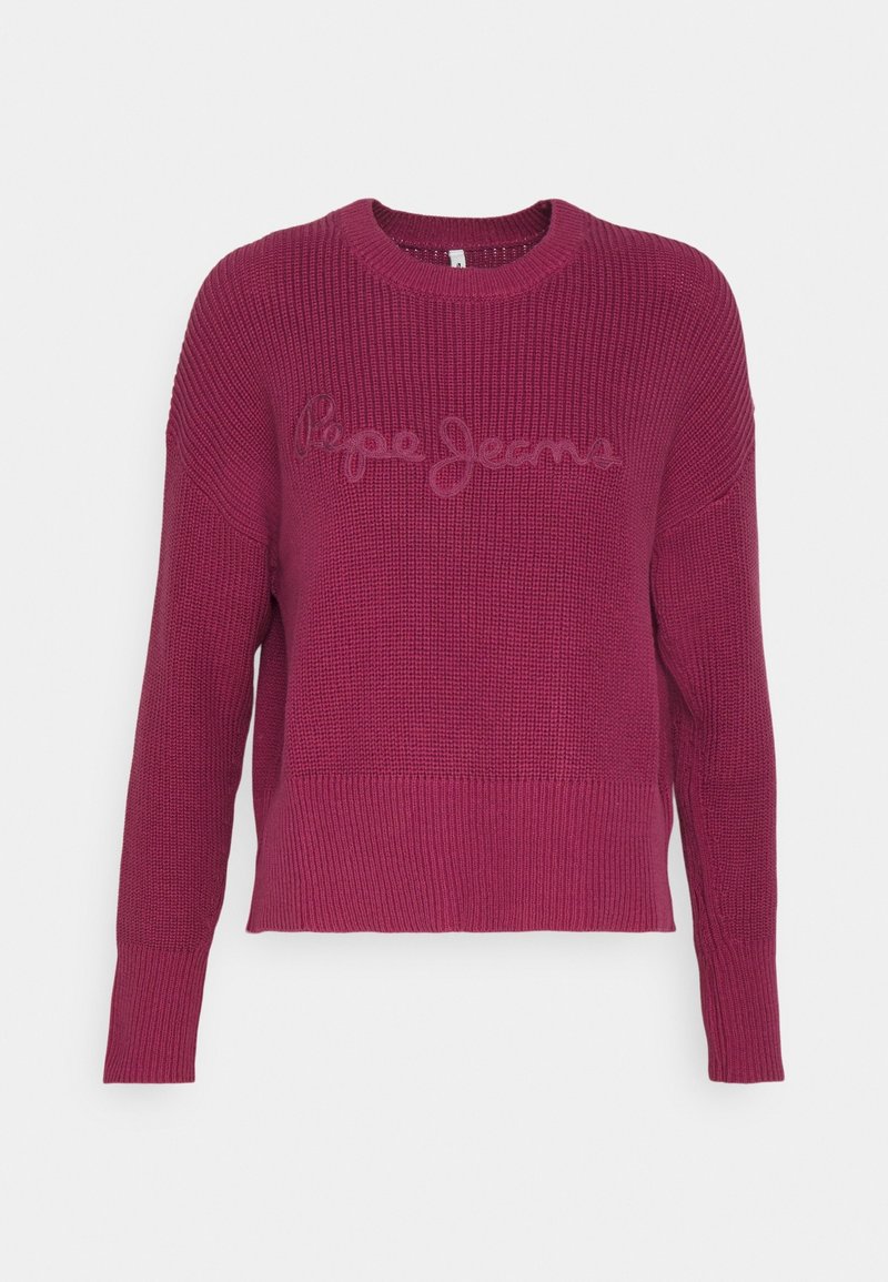 Pull en maille magenta à manches longues avec poignets et ourlet côtelés, avec le logo "Pepe Jeans" brodé sur la poitrine.