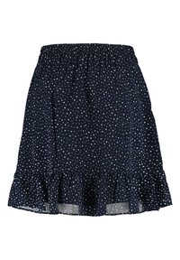 Tmavě modrá sukně s bílými puntíky, elastickým pasem a volánkovým spodním lemem. Vyrobena z lehkého materiálu, který se vyznačuje splývavým střihem.