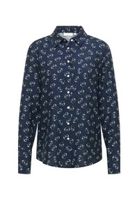Marineblaues Hemd mit einem Kragen-Design, das ein wiederholtes Muster aus weißen und grünen Brillen zeigt. Lange Ärmel und Knopfverschluss.