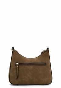 Sac à épaule en suede marron avec une forme arrondie, comportant une poche avant zippée, des bordures noires et une seule bandoulière ajustable.