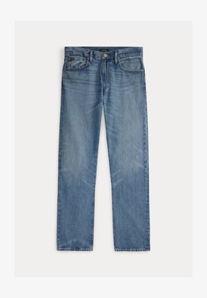 Vaaleansiniset suorat farkut, joissa on viisi taskua, nappilista ja hienovarainen haalistuma koko kankaassa.