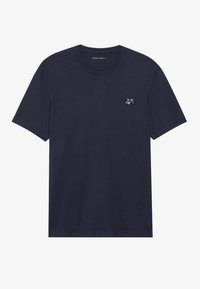 T-shirt en coton bleu marine à manches courtes, avec une petite broderie de bicyclette sur la poitrine gauche. Encolure ronde, texture lisse, coupe régulière.