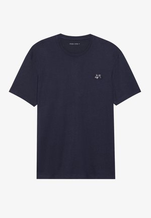 Navy blue cotton short-sleeve T-shirt featuring a small bicycle embroidery on the left chest. Round neckline, smooth texture, regular fit.