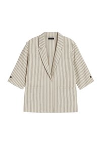 Blazer beige a righe con colletto a revers, maniche corte, due tasche frontali e vestibilità rilassata. Il tessuto testurizzato aggiunge profondità al design.