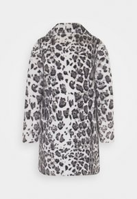 Faux fur coat in a leopard print design, featuring a white base with black and gray spots, long sleeves, and a notched collar.