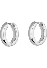Sølv hoop øreringe med en glat, blank overflade og et rundt, åbent design. Har en sikker lukning og et minimalistisk æstetik.