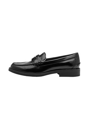Black polished leather penny loafer with stitched detail and low heel, shown from the side on a white background.