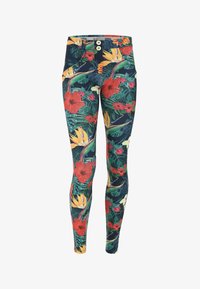Leggings florales con un fondo azul marino oscuro que presentan vibrantes hibiscos rojos, aves del paraíso amarillas y follaje tropical verde. Cintura con dos botones.