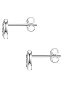 Pendientes de botón redondos de plata con una superficie pulida, que presentan un patrón circular de pequeñas piedras en el centro. Incluyen respaldo de tornillo.