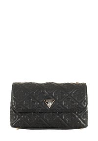 Bolso de mano negro acolchado hecho de material sintético, con una placa de logo triangular y una solapa plegable. Presenta acentos de hardware dorado.