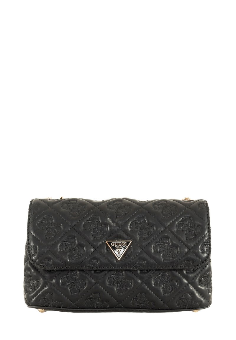 Bolso de mano negro acolchado hecho de material sintético, con una placa de logo triangular y una solapa plegable. Presenta acentos de hardware dorado.