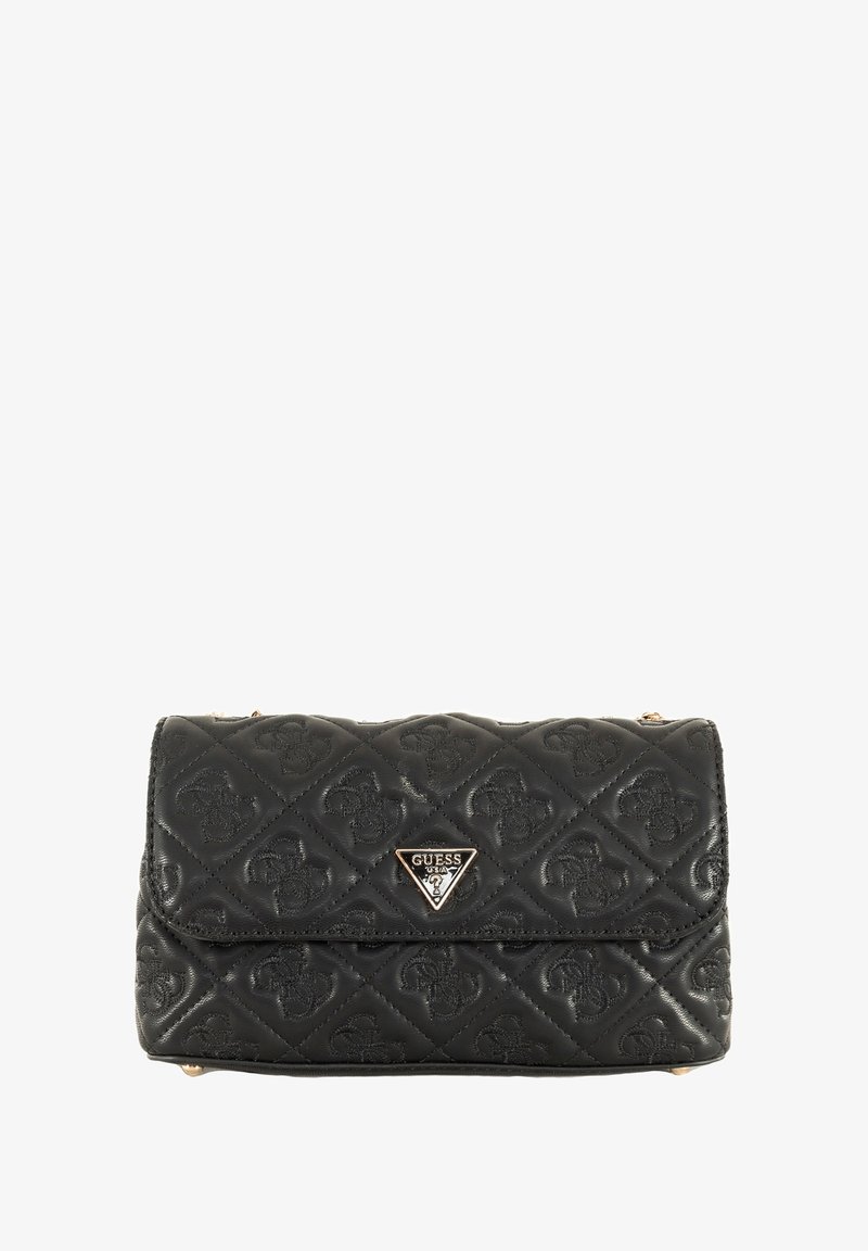 Borsa a tracolla nera trapuntata in materiale sintetico, con una targhetta logata triangolare e una patta pieghevole. Presenta dettagli in metallo dorato.