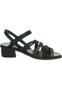 Schwarze Leder-Sandalette mit über Kreuz verlaufendem Riemendesign, niedrigem quadratischem Absatz, offenen Zehen, glatter Textur und leichtem Aufbau.