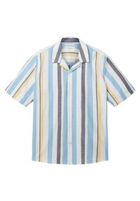 Kurzärmliges Hemd mit Knopfleiste in blau, weiß und gelb gestreift. Verfügt über einen spitzen Kragen und besteht aus leichtem, strukturiertem Baumwollgewebe.