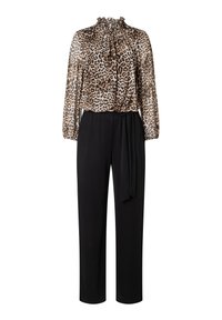 Leopard print long-sleeve blouse with ruffled collar paired with high-waisted black wide-leg trousers featuring a side tie belt.