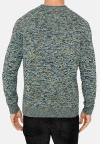 Pulover tricotat în nuanțe de albastru și verde, având un design texturat, melange, guler rotund și manșete și tiv ribbed. Vedere din spate.