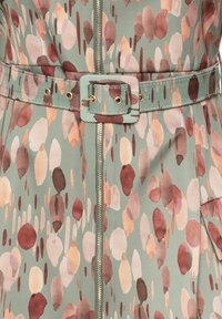 Robe à motifs verts avec une fermeture éclair sur le devant, une taille ceinturée et un mélange de formes douces et irrégulières dans des nuances de rose, marron et crème.